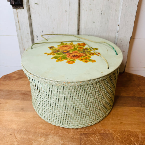 VINTAGE LARGE FLORAL BASKET WITH SEWING ACCESSORIES