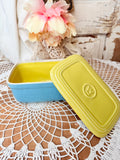 VINTAGE WESTINGHOUSE HALL CHINA BLUE AND YELLOW FRIDGIE WITH LID