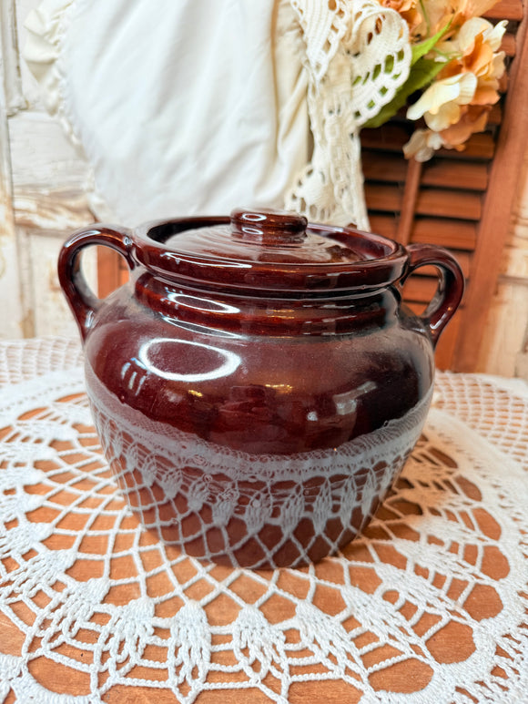 LARGE BROWN POTTERY GLAZED BEAN POT VINTAGE