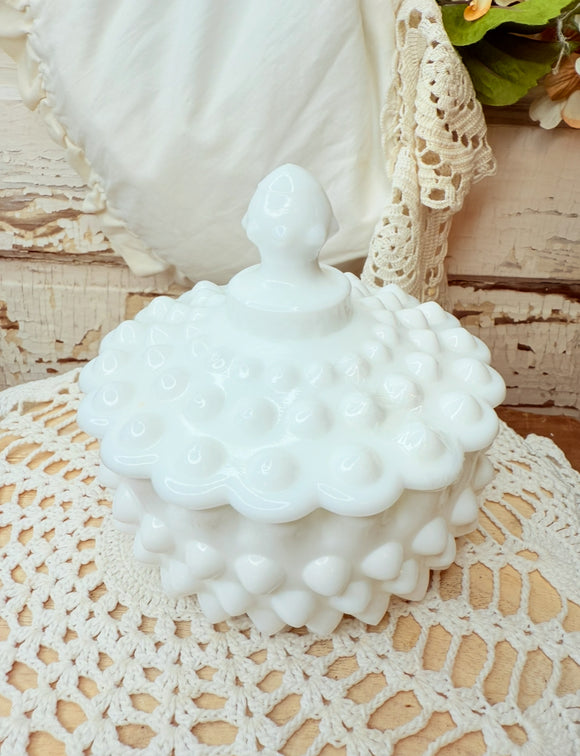 VINTAGE FENTON MILK GLASS HOBNAIL ORNATE LIDDED TRINKET / CANDY DISH