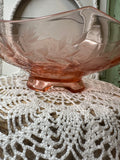 PINK DEPRESSION GLASS VINTAGE ETCHED BOWL ON PEDESTAL