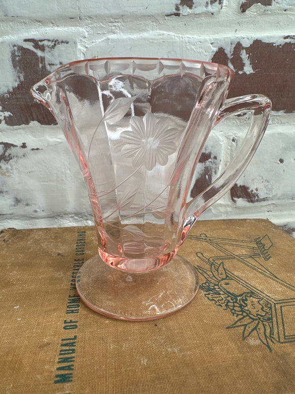 PINK DEPRESSION GLASS ETCHED FLORAL PITCHER CREAMER