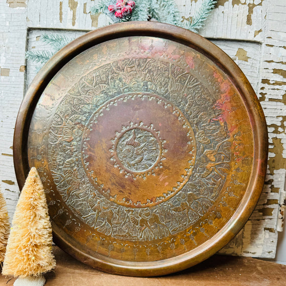 VINTAGE ETCHED COPPER LARGE ROUND TRAY