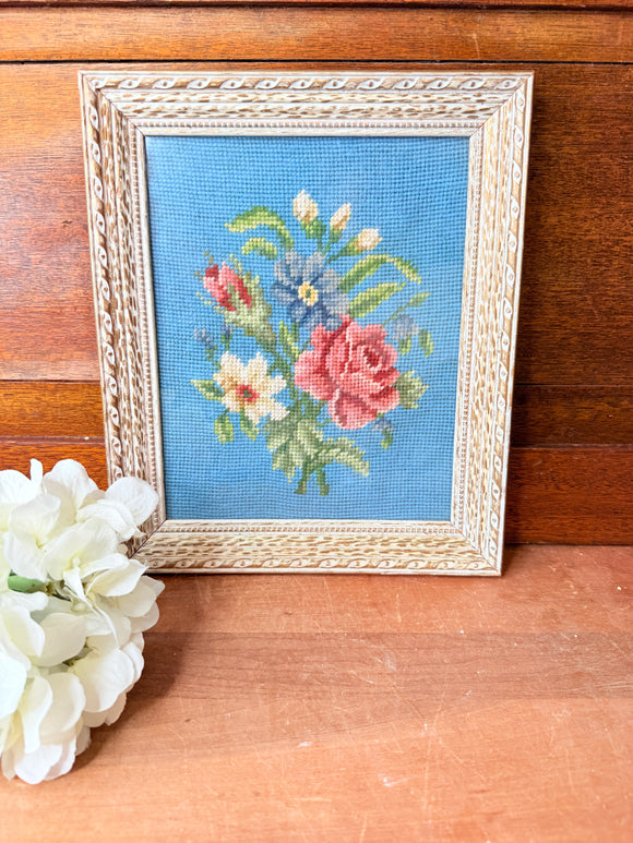 HANDMADE VINTAGE FLORAL CROSS STITCH FRAMED ART