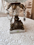 VINTAGE XL HOLLYWOOD REGENCY BRASS PEDESTAL BOWL WITH MARBLE BASE