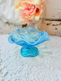 VINTAGE FENTON BLUE OPALESCENT GLASS SCALLOPED ORNATE COMPOTE
