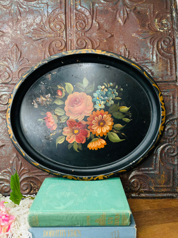 XL HANDPAINTED FLORAL VINTAGE TOLE TRAY OVAL