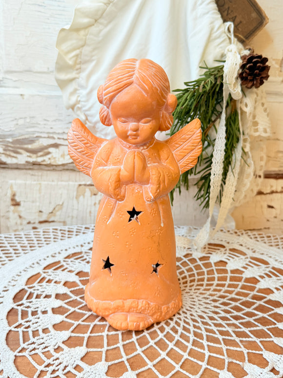 VINTAGE TERRA COTTA ANGEL TEA LIGHT CANDLE HOLDER
