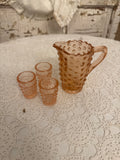 VINTAGE PINK DEPRESSION GLASS HOBNAIL PITCHER WITH 4 MINI CUPS