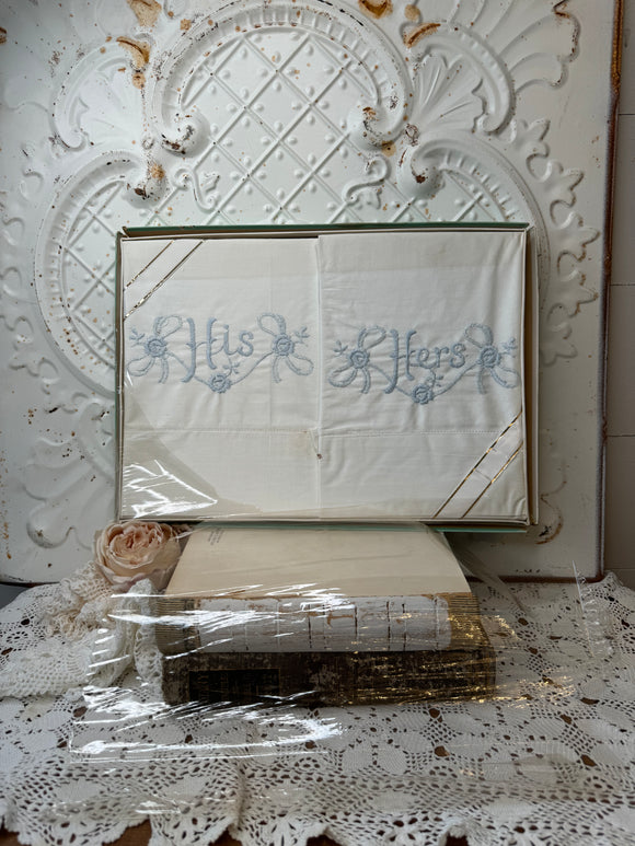 HIS AND HERS BLUE BOW EMBROIDERED PILLOWCASES IN ORIGINAL VINTAGE PACKAGING