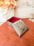 VINTAGE SILVER FLORAL JEWELRY BOX WITH RED VELVET INTERIOR