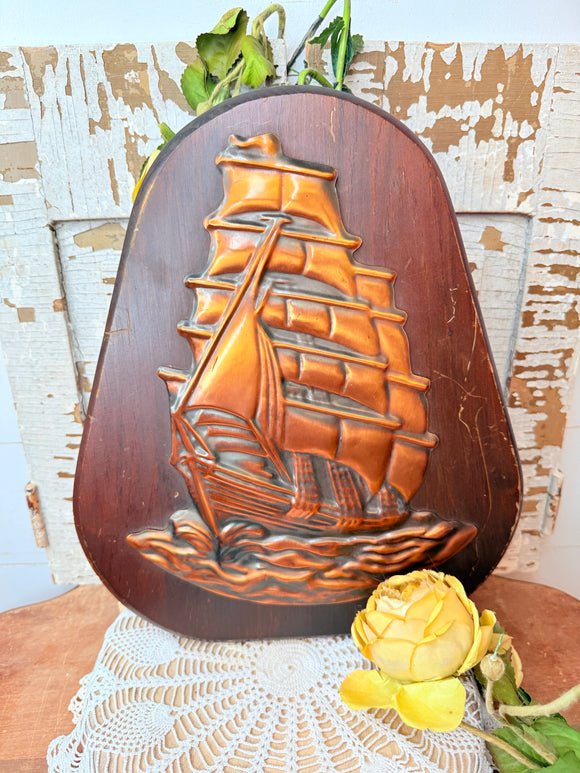 XL COPPER SHIP ON WOOD DECOR