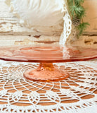 VINTAGE PINK DEPRESSION GLASS ETCHED CAKE PLATE ON PEDESTAL