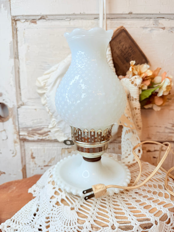 VINTAGE MILK GLASS HOBNAIL ELECTRIC HURRICANE LAMP