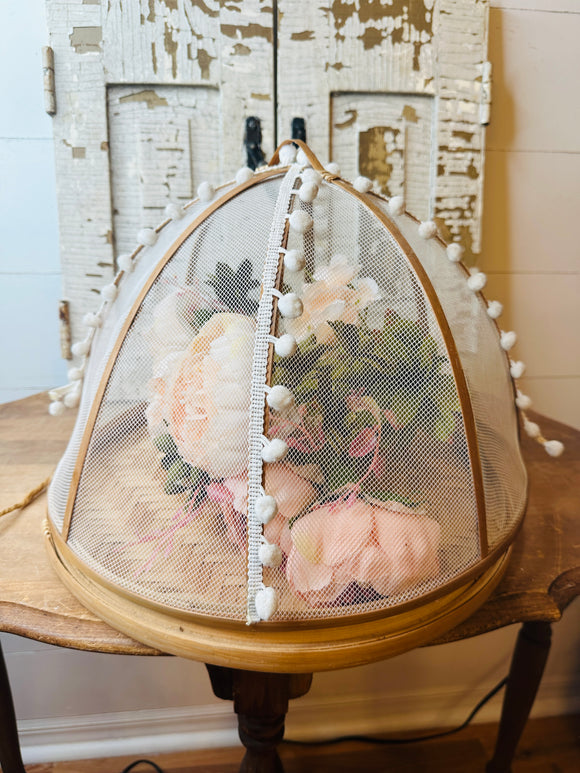VINTAGE FOOD TRAY WITH ORNATE CLOCHE NET