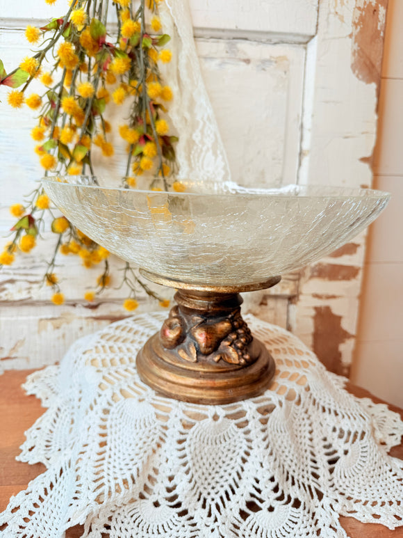 VINTAGE CRACKLE GLASS PEDESTAL FRUIT BOWL