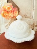 VINTAGE MILK GLASS DETAILED CHEESE BUTTER DISH AND LID