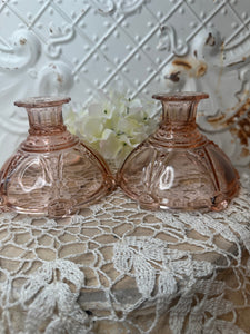 ANCHOR HOCKING VINTAGE PINK DEPRESSION GLASS OYSTER AND PEARL CANDLESTICK HOLDERS