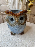 BLUE GLAZED CERAMIC LARGE OWL PLANTER