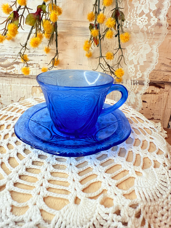 VINTAGE HAZEL ATLAS LACE COBALY BLUE TEACUP AND SAUCER SET - 4 SETS AVAILABLE