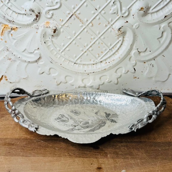 GALVANIZED ALUMINUM VINTAGE ORNATE TRAY WITH HANDLES