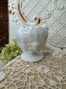 MILK GLASS GRAPE MOTIF VINTAGE BOWL ON PEDESTAL