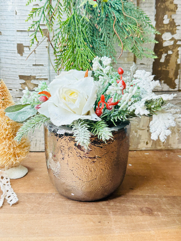 Vintage ornate planter with faux winter florals