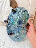 VINTAGE AMAZING CARNIVAL GLASS SCALLOPED ORNATE FOOTED BOWL