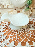 VINTAGE MILK GLASS SCROLLY DISH ON PEDESTAL