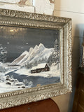 VINTAGE 1950S WINTER SCENE LARGE PAINTING WITH DETAILED FRAME