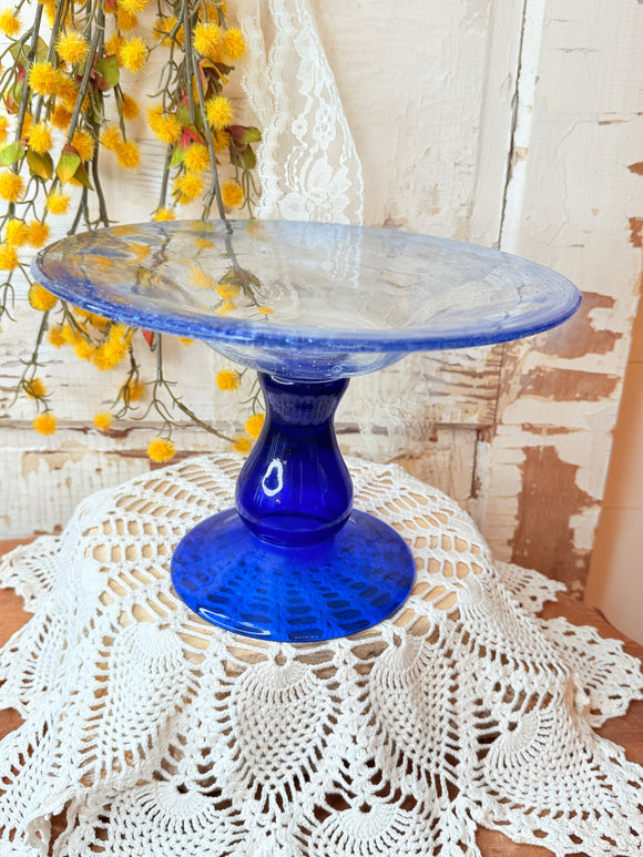 VINTAGE COBALT BLUE AND BUBBLE GLASS CAKE PLATE