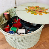 VINTAGE LARGE FLORAL BASKET WITH SEWING ACCESSORIES