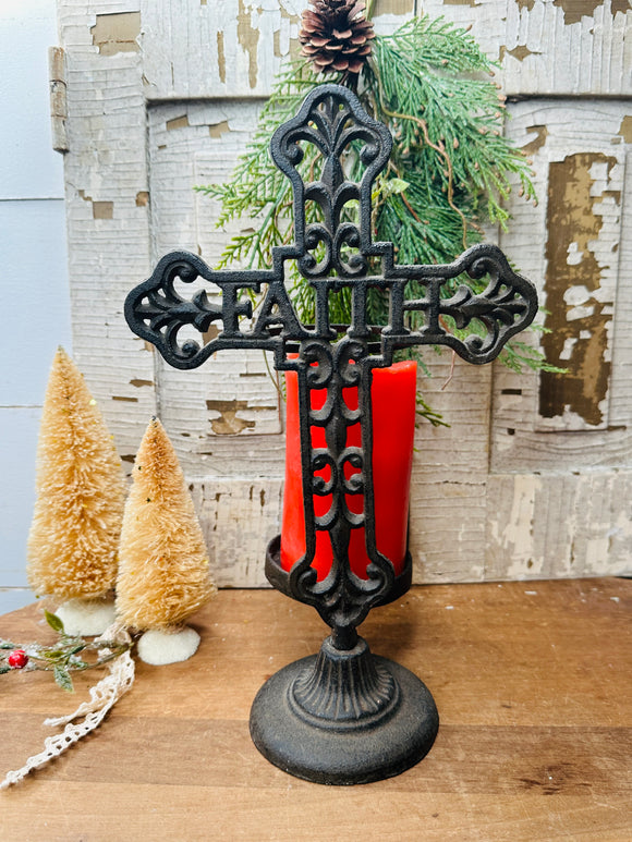 LARGE CAST IRON CROSS STATUETTE ON PEDESTAL