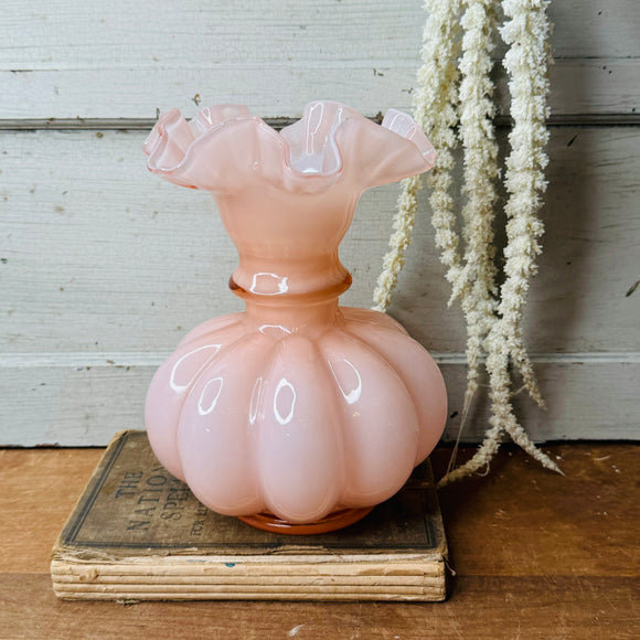 XL VINTAGE FENTON GLASS PINK MILK GLASS MELON VASE