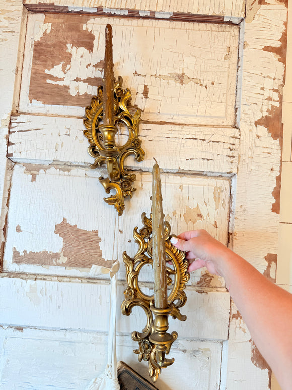 Pair of gold vintage Hollywood Regency sconces with candles SYROCO￼