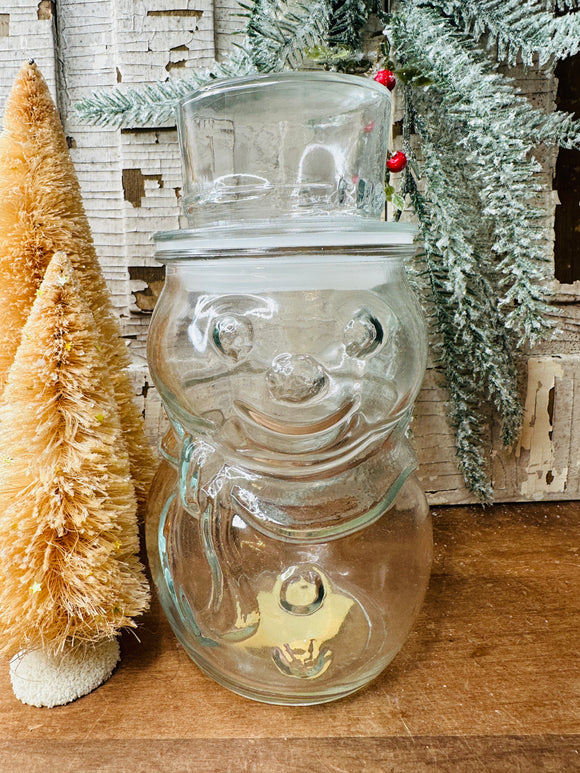 VINTAGE GREEN GLASS SNOWMAN JAR - 7 AVAILABLE