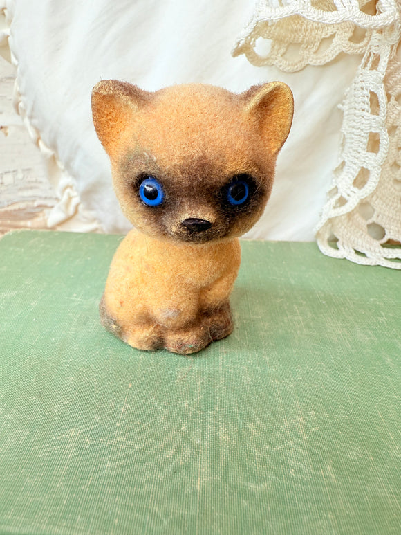EXTRA RARE VINTAGE  FLOCKED CAT WITH GLASS EYES DECOR