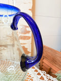 VINTAGE BLOWN GLASS COBALT BLUE HANDLE PITCHER