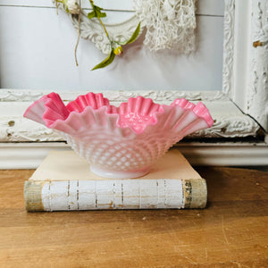 LARGE PIN AND MILK GLASS HOBNAIL RUFFLE BOWL