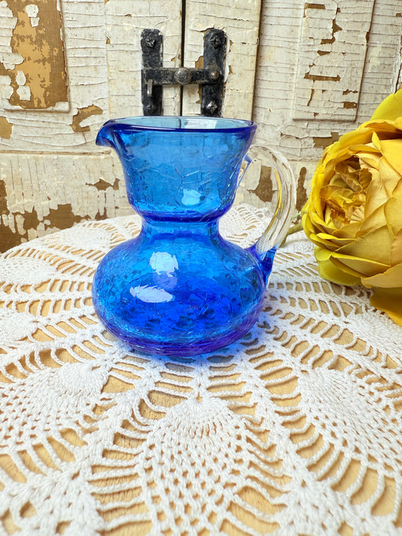 BLUE CRACKLE GLASS CREAMER PITCHER