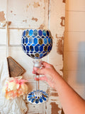VINTAGE COBALT BLUE MOSAIC GOBLET CANDLE HOLDER DECOR