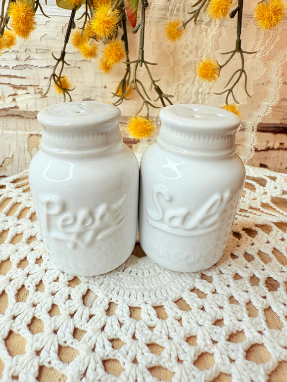 WHITE MASON JAR SALT AND PEPPER SHAKERS