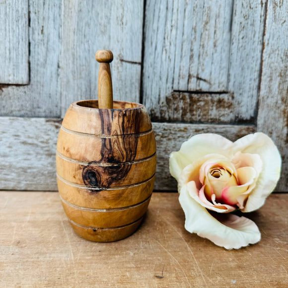 HAND CARVED OLIVE WOOD HONEY POT AND DIPPER