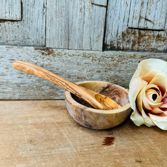 HAND CARVED OLIVE WOOD SUGAR / SALT / CONDIMENT BOWL WITH SPOON