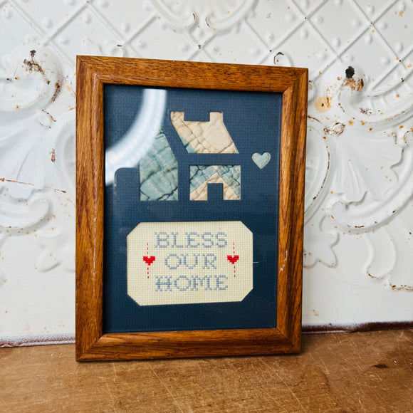 BLESS OUR HOME VINTAGE QUILT FRAMED ART