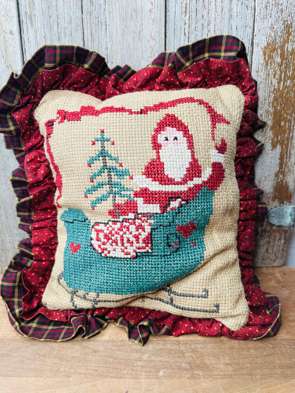 CUSTOM VINTAGE NEEDLEPOINT SANTA IN SLEIGH RUFFLED EDGE PILLOW
