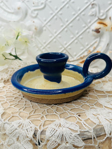 BLUE GLAZE POTTERY CHAMBER CANDLESTICK HOLDER