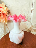 VINTAGE FENTON WHITE AND PINK SILVERCREST RUFFLED VASE