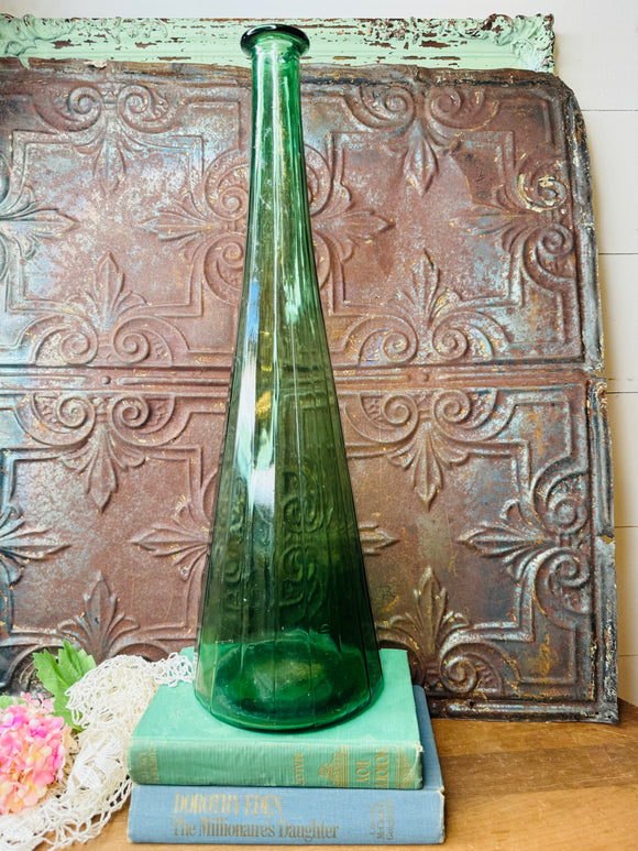 GREEN GLASS MID CENTURY MODERN ORNATE TALL VASE