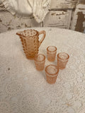 VINTAGE PINK DEPRESSION GLASS HOBNAIL PITCHER WITH 4 MINI CUPS